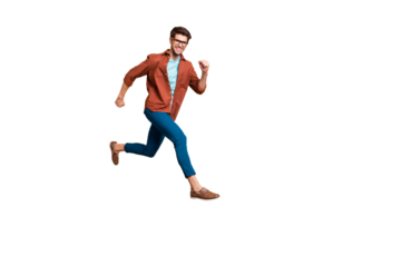 Full length body size view of nice attractive cheerful cheery strong sportive successful guy leader jumping in air running fast hurry-up meeting appointment isolated over beige color pastel background