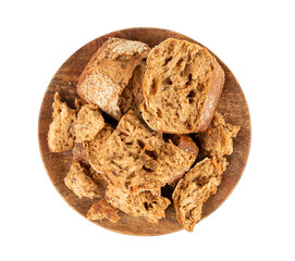 Broken wheat brown bread pieces isolated, fitness pumpkin carrot buns with seeds, cereal bread