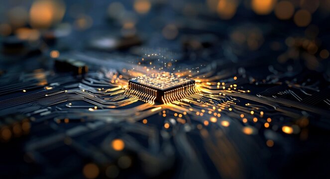 The technological background of an abstract computer motherboard is suitable for describing technological processes and science, and can also serve as a dynamic digital wallpaper