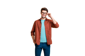 Portrait of his he nice attractive cheerful cheery experienced brunet guy skilled expert touching...
