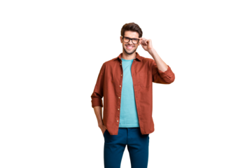 Portrait of his he nice attractive cheerful cheery experienced brunet guy skilled expert touching specs isolated over beige color pastel background