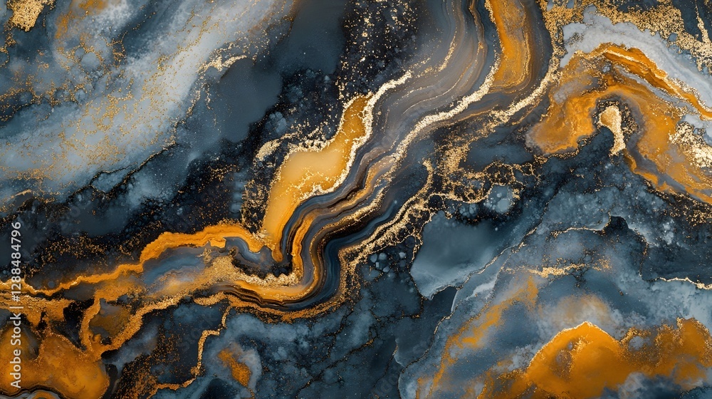 Poster Stunning abstract background with mesmerizing fluid agate marble swirls vibrant golden glitter texture and dynamic color contrast  This digitally created composition has a modern luxurious