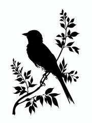 Black and white bird is perched on a branch. The bird is small and has a black body. The branch is green and has leaves. The image has a calm and peaceful mood