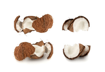 Coconut pieces, broken coco nut isolated, fresh tropical palm fruit slices, open cracked coconut