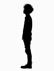 Man in a black shirt and black pants stands in front of a white background. The image is a silhouette of a person, emphasizing the form and shape of the figure