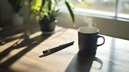Vaping device on a simple wooden table with a minimalist coffee mug. Featuring modern elegance and simplicity
