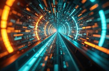 Digital tunnel background with tech themes. Orange, teal neon lights abstract lines. Creative virtual cyber design, network information, futuristic connectivity cyberspace with software system.