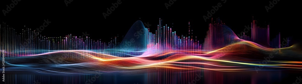 Poster Stunning abstract digital landscape featuring vibrant flowing waves of colorful gradient lines and curves creating a dynamic futuristic and mesmerizing visual representation of sound energy