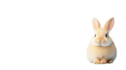 A small, fluffy rabbit is sitting on a white background