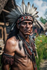 Obraz premium Man with Feather Headdress Standing Outside Hut