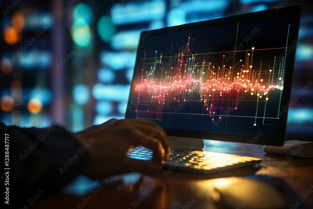 Aufkleber close up of hands engaged with computer displaying futuristic graphs in a blurred office setting
