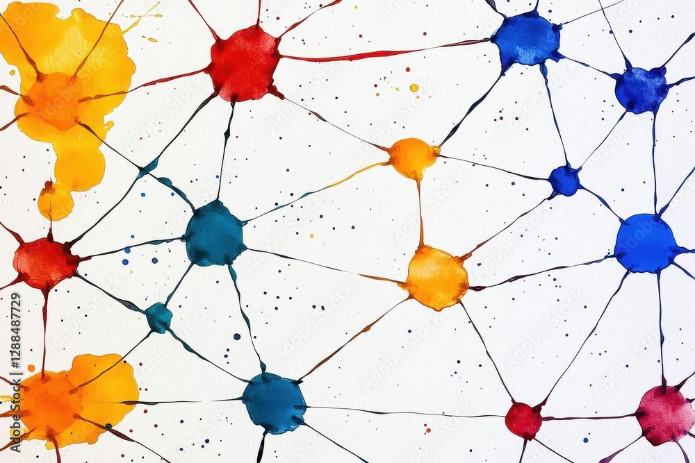 Poster Grid surface with splatters of watercolor paint Abstract network background in science or technology style Lattice structure Illustration for advertising, marketing or presentation