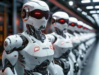 Fototapeta premium A Line of Advanced Humanoid Robots in a Futuristic Factory Setting