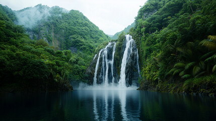Fototapeta premium Majestic Waterfall in a Dense Tropical Rainforest