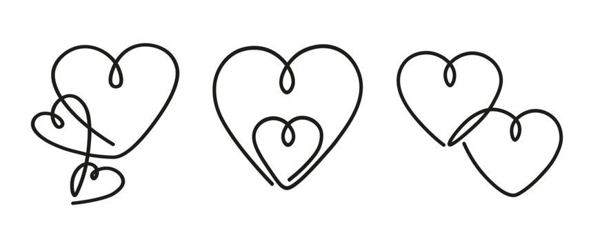 Set of hearts drawn with single line on white background. Heart-shaped icons in linart style. Hand drawn hearts.