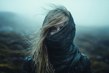 Woman standing in a windy environment with a scarf covering her face and hair blowing in the wind on a foggy day
