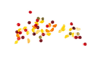 Fruit gummy candy pile isolated, vegan chewing marmalade pills, jelly gumdrops heap