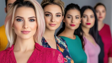 Group of 9 beautiful people in front of a background