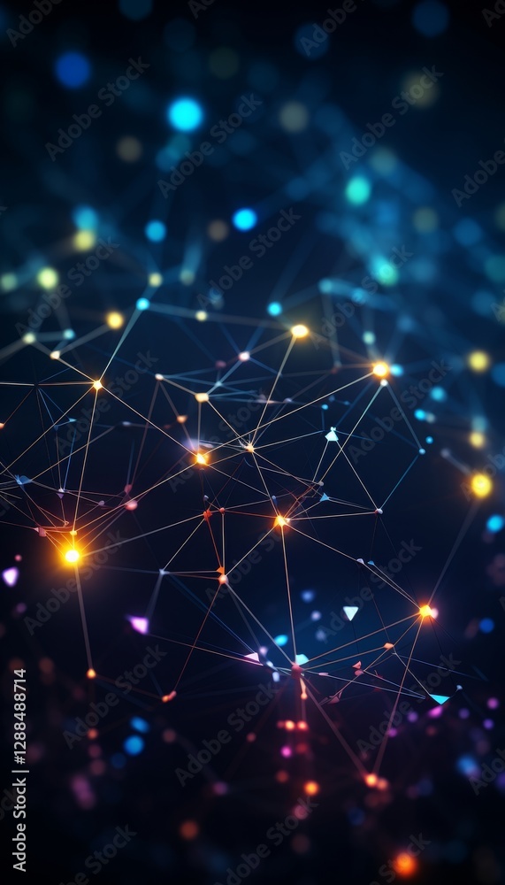 Poster vibrant low poly network connections intricate patterns with glowing nodes on dark background