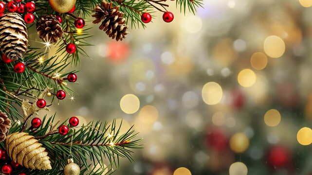 The decorated pine branches adorned with golden ornaments, pine cones, and red berries create a warm, festive feel, surrounded by a sparkling golden background that enhances the Christmas spirit