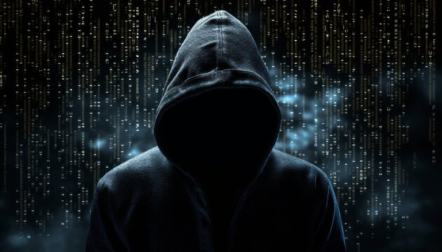 Mysterious hooded figure against binary code  a visual representation of cyber security concepts