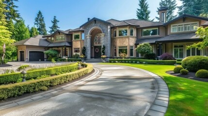 Fototapeta premium A modern, large luxury house with sleek lines, a spacious driveway, and grand entrance. stock photo --ar 16:9 --style raw --v 6 Job ID: 60c06a7b-1e78-4e65-9de0-6c5b0c06685d