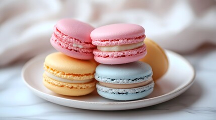 Obraz premium Stacked pastel macarons on porcelain plate, French patisserie style, precise piping details, soft shadow play, and candy-colored palette, set on a marble backdrop.