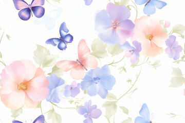 Fototapeta premium delicate botanical pattern with blooming flowers and flying butterflies in pastel