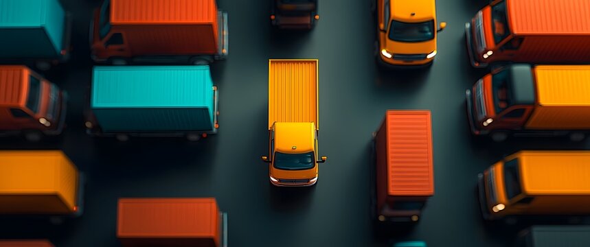 Aerial birds eye shot of a meticulously orchestrated convoy of delivery vehicles in a streamlined high efficiency logistics facility  Muted tones sharp shadows and high contrast create an avant garde