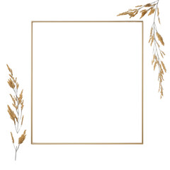 Obraz premium A gold frame with a white background and a bunch of leaves on the right side