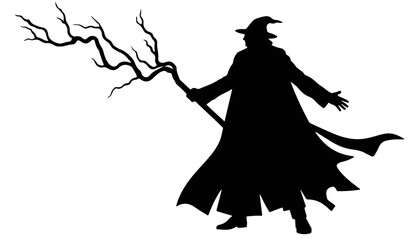 Wizard silhouette wielding a staff against a white background