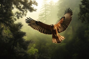 Obraz premium Majestic hawk flying over a misty forest, showcasing its impressive wingspan and the tranquility of nature