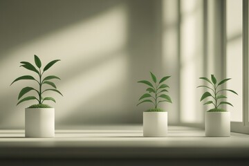 Lush greenery in minimalist pots, soft sunlight casting gentle s
