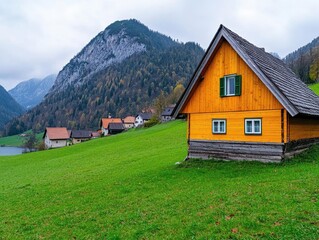 Obraz premium Hallstat village in the Austria Beautiful village in the mountain valley near lake Mountains landscape and old town Travel Austria
