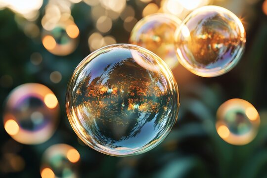 De d&eacute;licates bulles de savon flottent doucement dans la nature, sur fond vert avec un effet bokeh