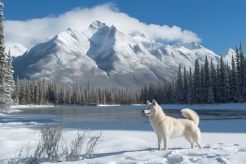 Majestic white husky dog enjoying a sunny winter day by a frozen lake with snowy mountains and pine trees in the background