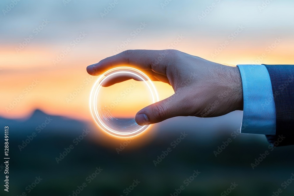Poster Hand of businessman touching circle global network connection and data exchanges on sunset background