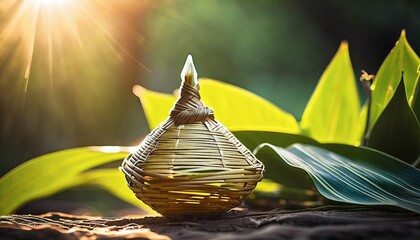 Original and authentic photo of sunlight shining softly on traditional Indonesian ketupat made from coconut leaves. Made during Ramadan to welcome Eid al-Fitr