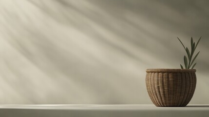 Minimalist scene featuring woven pot with green plant, soft shad