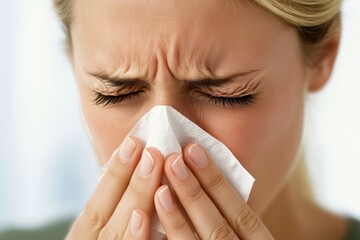 Person with a runny nose holding a tissue while visibly uncomfortable in a bright indoor space. Generative AI