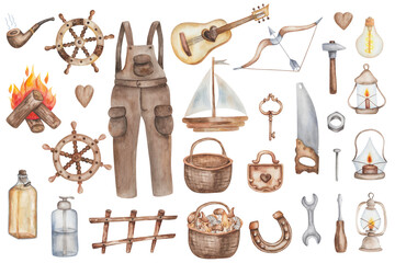 Watercolor illustrations. Men's set. Hand painted tools, wooden boat, smoking pipe, guitar, helm. Bow, arrow. Saw, hammer, nail, screw driver, turn screw, overall. Isolated clip art for Father's Day