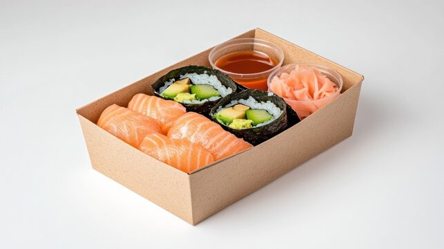 Salmon avocado sushi takeaway box lunch