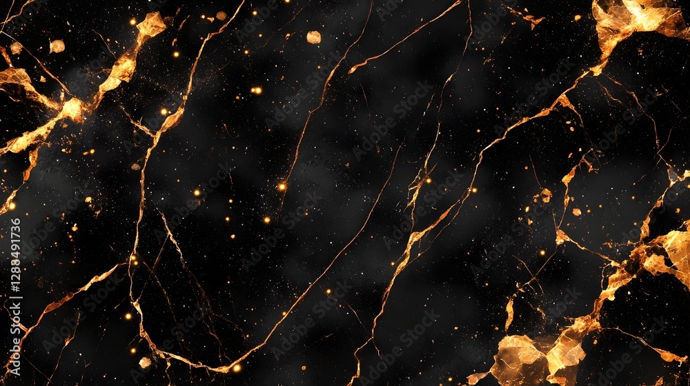 Poster stunning abstract textured dark granite stone marble background with golden orange glowing cracks an