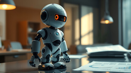Fototapeta premium Futuristic Humanoid Robot Standing in a Modern Office Environment, artificial intelligence, AI, futuristic technology, robotics, automation, high-tech, cybernetic, smart robot, advanced robotic.
