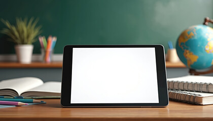 Fototapeta premium Digital tablet with blank white screen on classroom desk. Notebooks, pencils, globe, chalkboard, stationery near the modern touchscreen device. Mockup of education e-learning for kids.