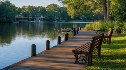 Obraz premium A serene waterfront scene featuring benches on a wooden pier beside calm water.