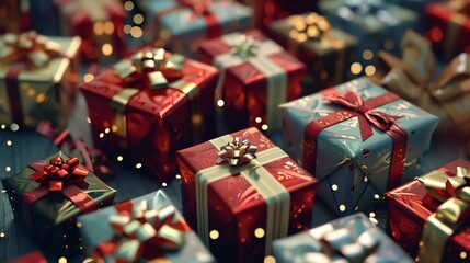 A collection of festively wrapped gift boxes with bows and ribbons.