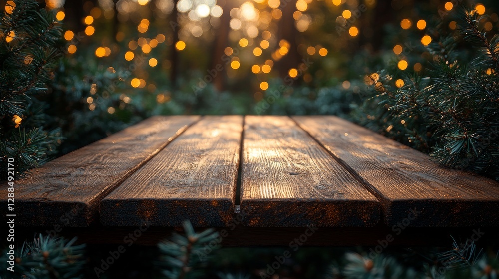 Poster wooden table with pine branches and bokeh lights in forest setting at sunset. rustic outdoor dining 