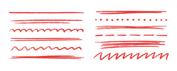 Red chalk crayon line collection - straight strokes, dotted rows, wavy patterns, zigzag marks with grunge textured surface. Hand drawn underline elements for design emphasis or decorative borders.