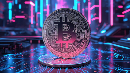 A Digital Masterpiece: A Floating Bitcoin Coin Surrounded by Neon Lights and Holographic Energy in a Cyberpunk City, Representing the Future of Cryptocurrency and Technological Progress